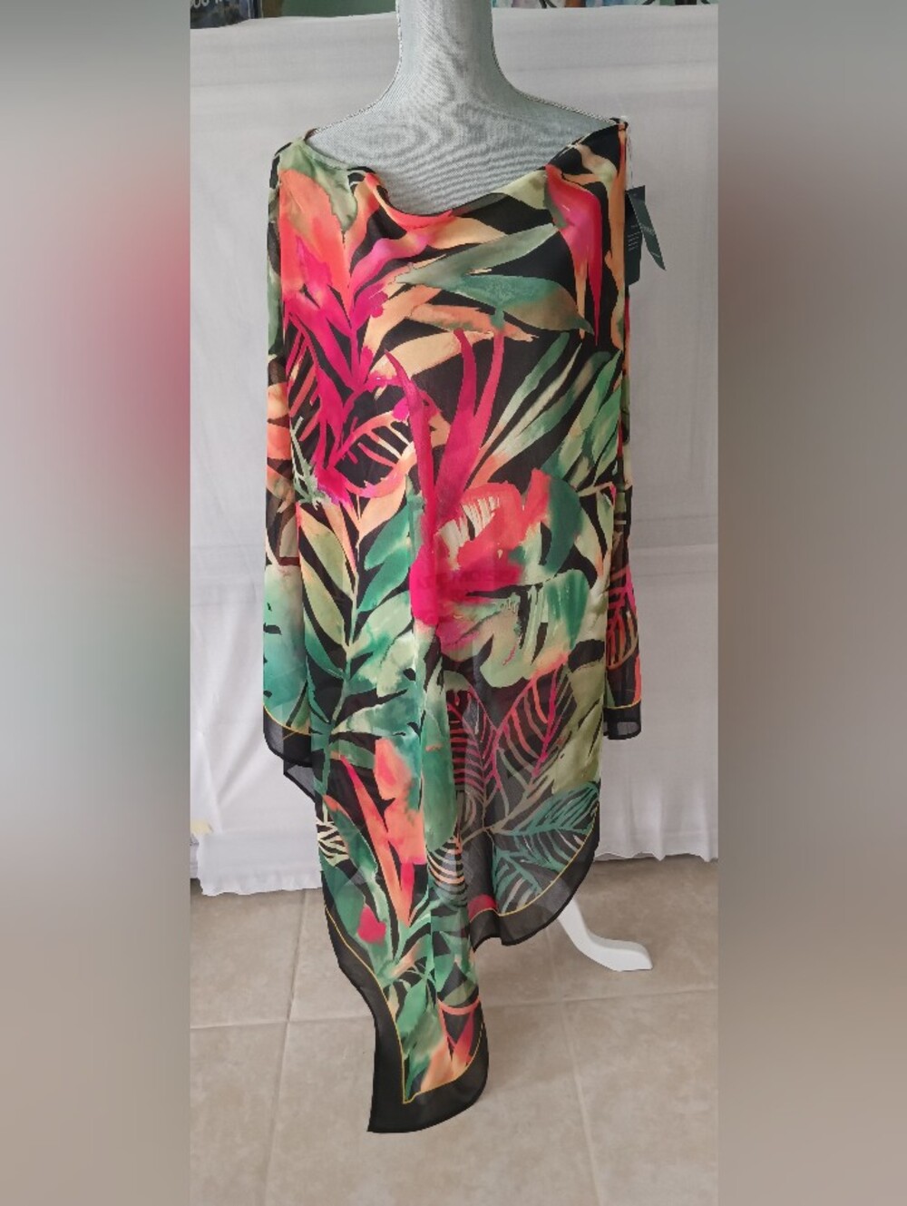 Women’s Tropical Print Swim Cover-Up - Black with Green & Coral